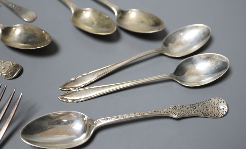 A group of assorted mainly 19th century silver flatware, including a set of six teaspoons by George Adams, London, 1877, 160z.